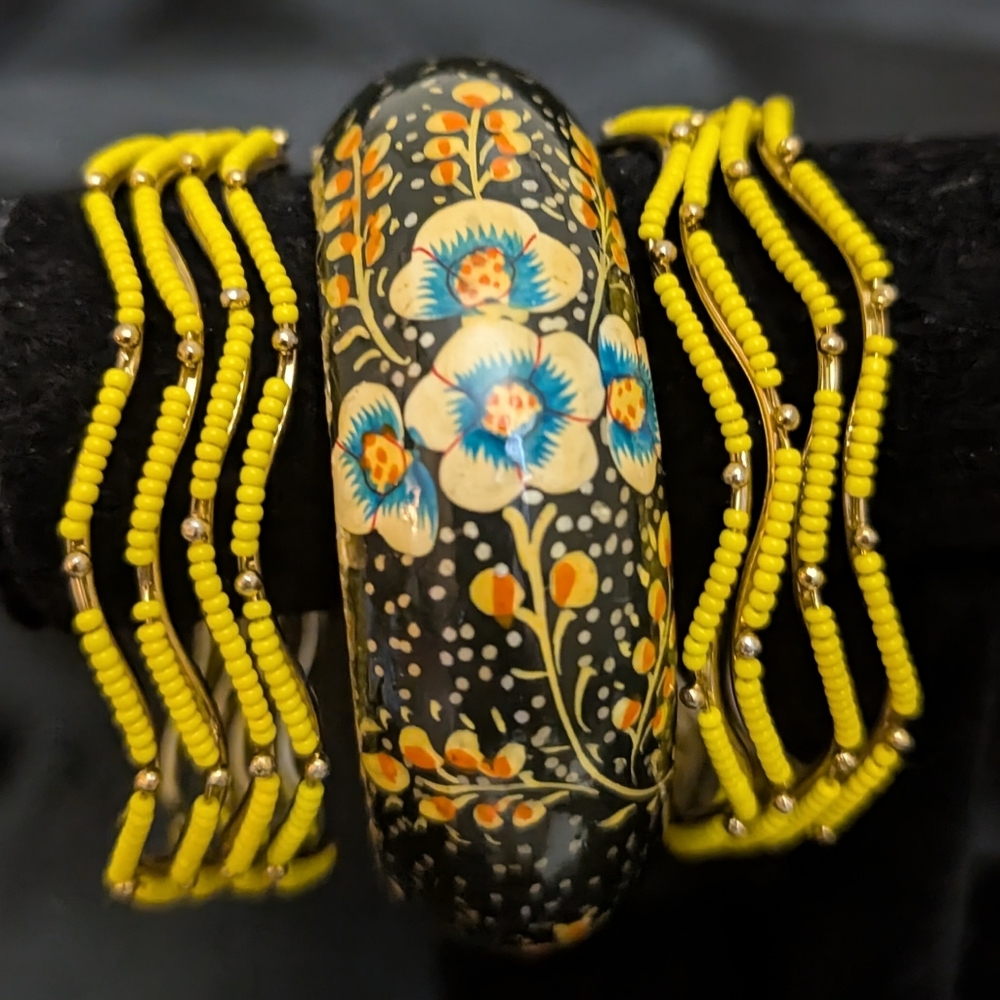 #15. Black Floral Hand-Painted Bangle with Yellow Beaded Bracelets Set